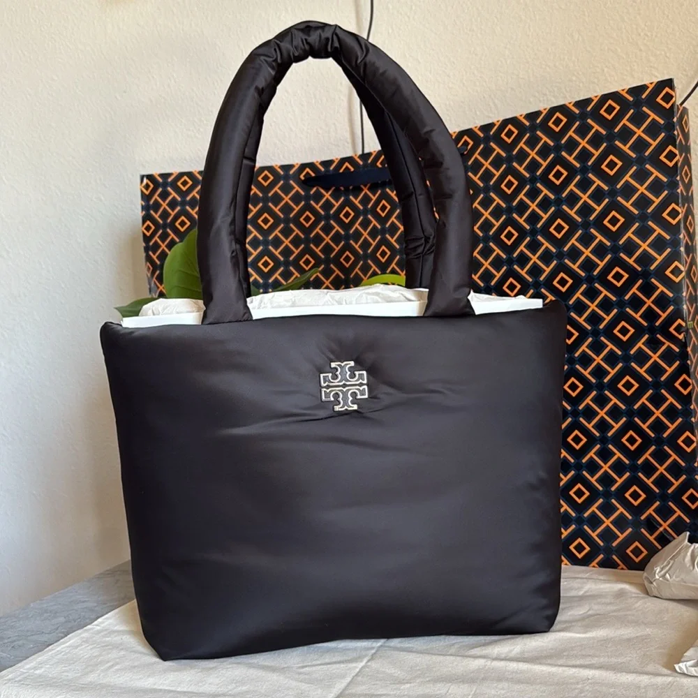NWT Tory Burch 167626 Britten Nylon Puffy Tote Black Silver Logo Bag - Picture 5 of 12